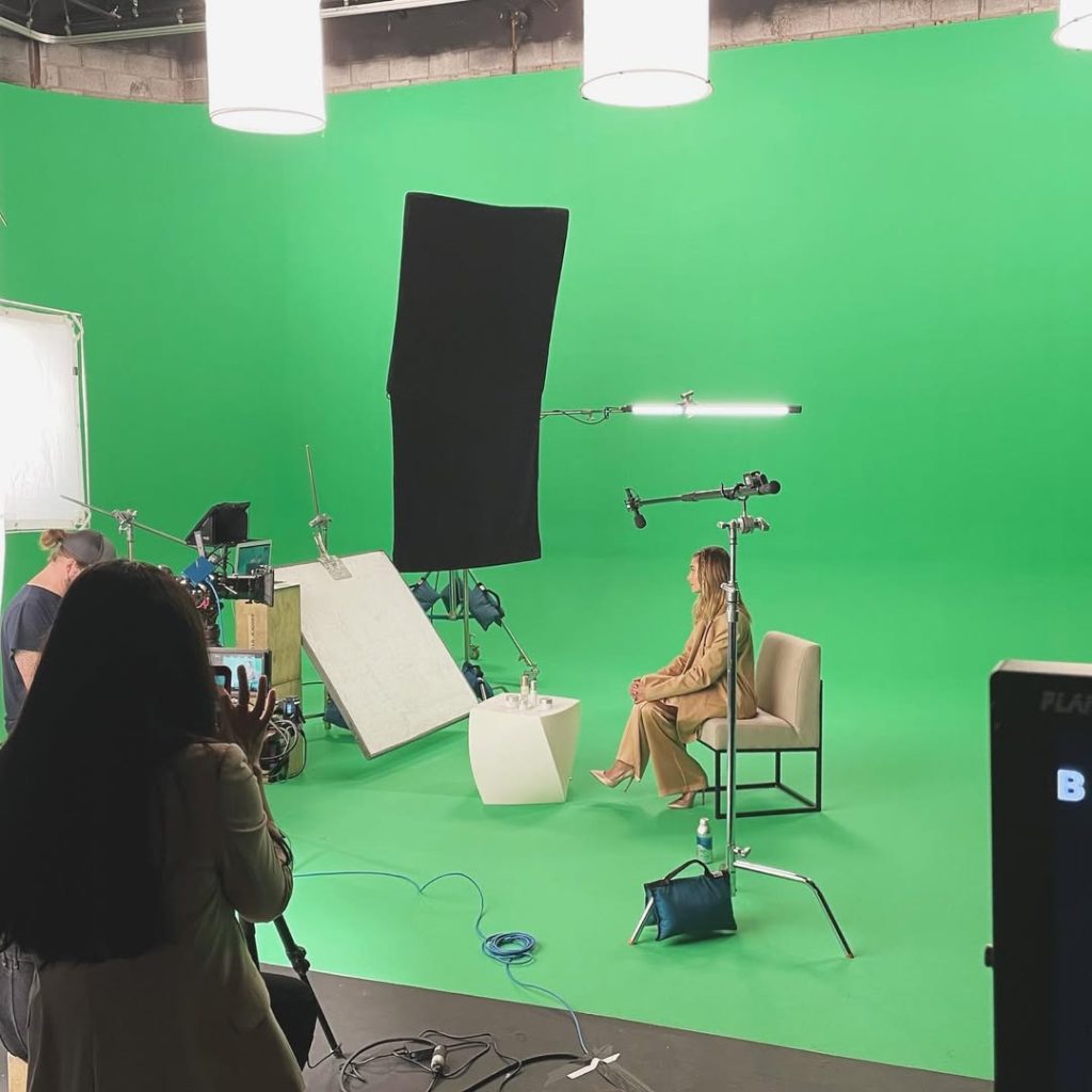 Greenscreen studio set up for a shoot with Hailey Bieber